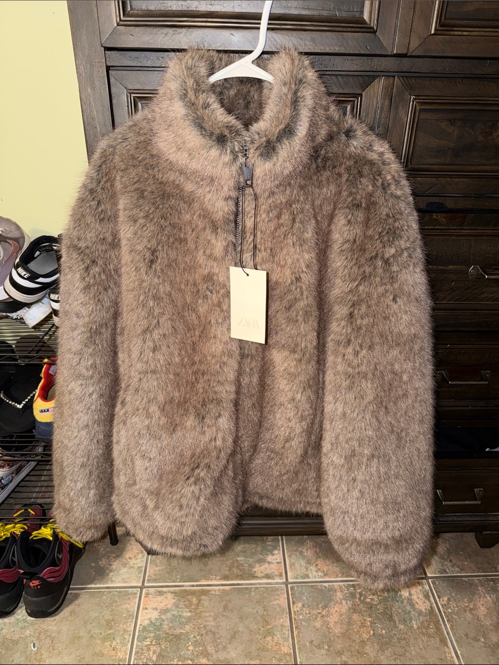 Zara Plush Teddy Zip-Up Jacket in Brown